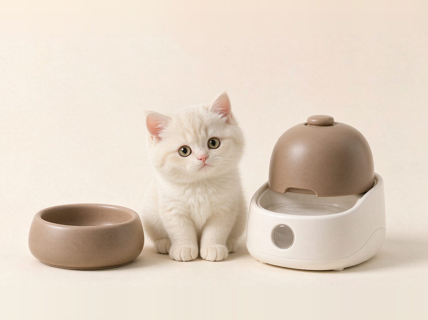 一只奶白色小猫坐在 ralasoi 陶瓷猫碗与静音饮水机旁